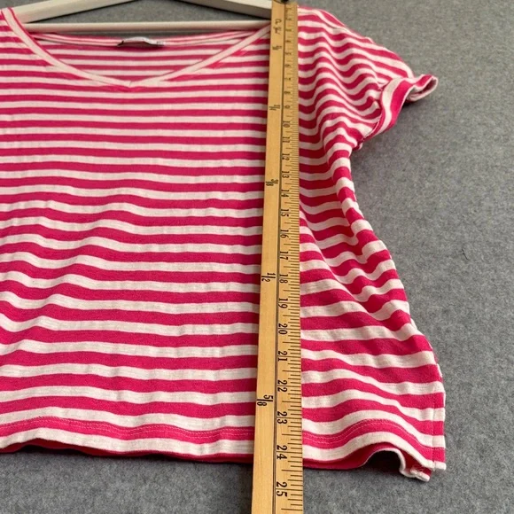 STACCATO V-Neck Short Sleeve Striped Slub Knit Top L Hot Pink - Picture 7 of 10